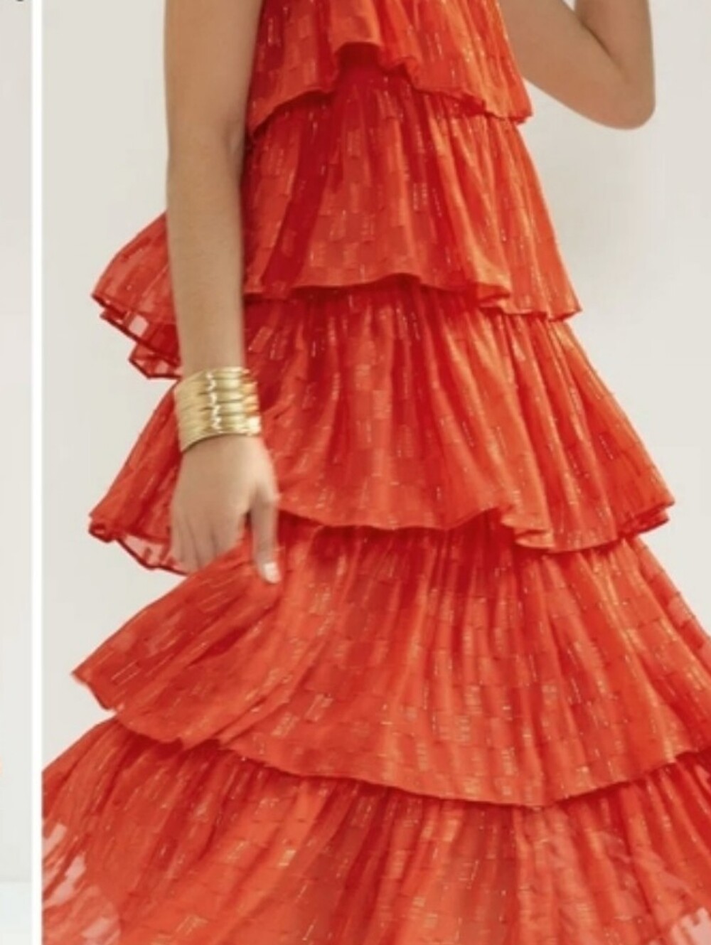 Anthropologie Red Tiered Ruffle Midi Dress with Gold Accents Size Large - Picture 5 of 12